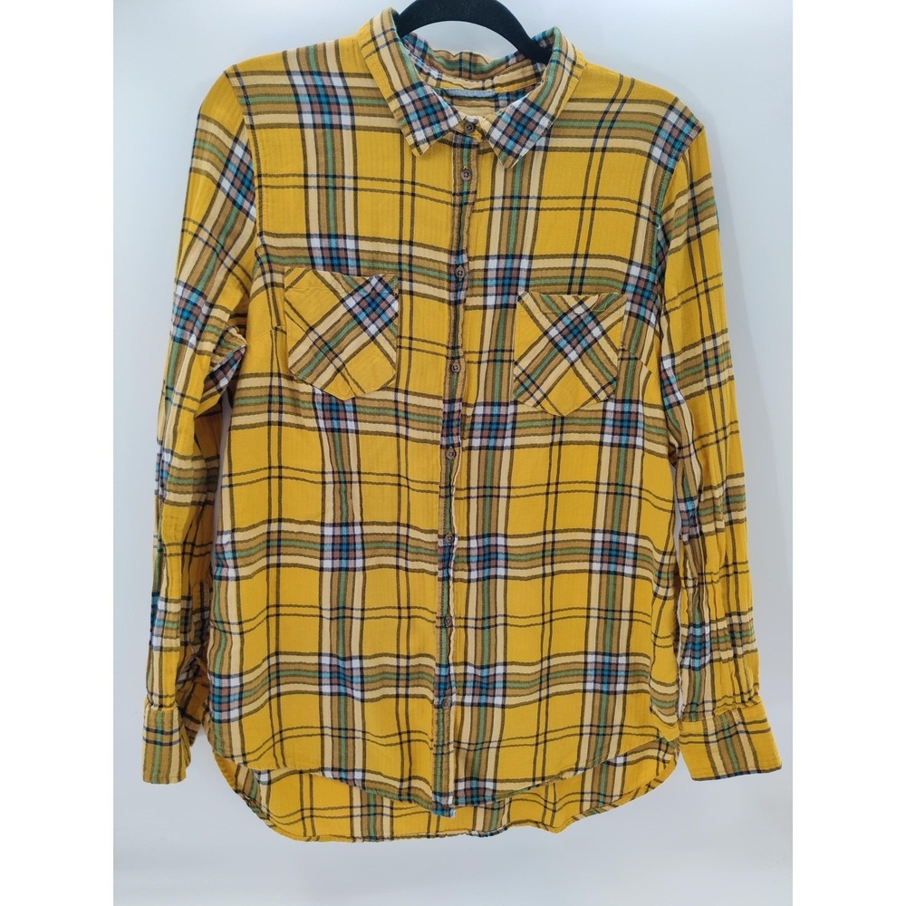 Merona Shirt Womens Size XXL Yellow ButtonUp Plaid Long Sleeve Chest Pockets - Picture 3 of 11
